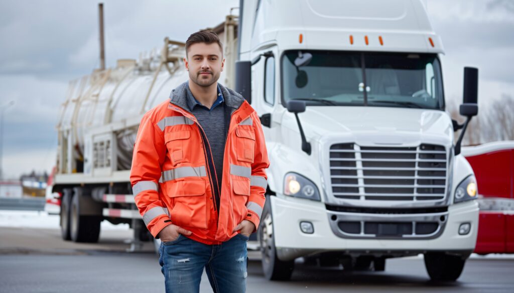 a trucker standing near truck